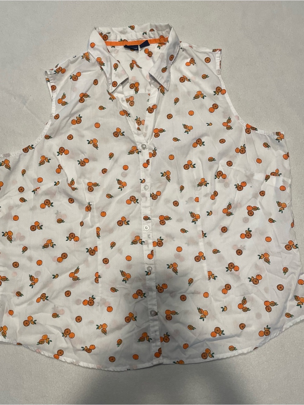 Basic Editions sleeveless button up, white with oranges, 2X